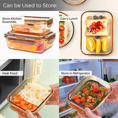 Urbane Home Pack of 3 Borosilicate Glass Kitchen Containers Set with Airvent Pp Lid | Airtight Rectangular Fridge Storage Boxes for Grains, Pulses, Spices, Snacks | 600 ml Each | Transparent