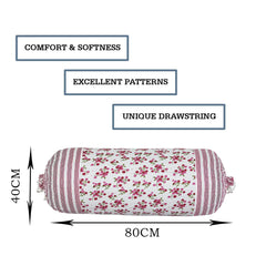 Heart Home Bolster Covers | Cotton Bolster Cover Set | Diwan Bolster Cover Set | Bolster Pillow Cover | Pink Flower Masand Cover | 16x32 Inch | Pack of 6 | White