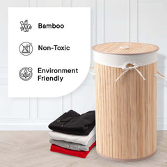Heart Home Durable & Foldable Bamboo Laundry Basket For Clothes With Lid & Rope Handle | Eco Friendly Washing Clothes Bucket/Storage Box Organizer | BS010NR-Natural Wooden Brown