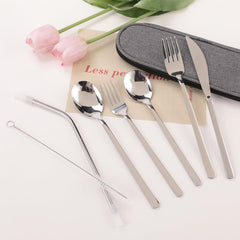 Kuber Industries 7 Pcs Utensil Set | Travel Camping Cutlery Set | Stainless Steel Flatware Set with Bag | Travel Organizer Utensil Set | Durable and Practical | Gray Cover