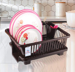Heart Home 3 in 1 Large Durable Plastic Kitchen Sink Dish Rack Drainer Drying Rack Washing Basket (Brown)-HEART10738