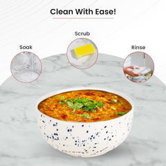 Kuber Industries Ceramic Food Bowl Set | Chini Mitti Bowl | Microwave, Dishwasher Safe Ceramic Bowl | Blue Dots Print - White