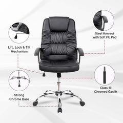 Kuber Industries Ergonomic Leather Office Chairs for Work from Home | Comes with Manual Height Adjustable, Armrest, Headrest & Lumbar Support | Comfy Study Chair for Students with Wheels | Black
