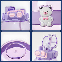 Kuber Industries Pack of 6 Kids Water Bottle With Straw |Cute Teddy Bear Sipper Water Bottle For Kids Boys Girls| Water Bottle with Locking Flip Lid | 1000 ML | Purple | SYZ-7728A