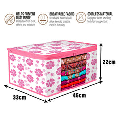 Heart Home Saree Cover & Underbed Stoarge Bag Set | 2 Pieces Saree & 2 Pieces Underbed Storage Bag Combo Set | Zipper Closure & Handle | Flower-Design | Set of 4 | Pink