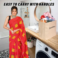 Heart Home Laundry Basket | Square Foldable Laundry Basket | Jute Storage Bag with Handles | Clothes Basket for Home | Toy Storage Basket | 40 LTR | Golden