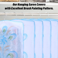 Heart Home Hanging Saree Cover | Brush Painting Pattern Saree Cover | Non-Woven Saree Covers for Home | Saree Cover with Small Transparent view | Pack of 6 | Sky Blue