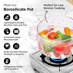 Homestic Borosilicate Glass 1.45L Saucepan with Lid & Handle | Induction Pan Cookware | Handi for Cooking | Microwave Safe | Cooktop for Tea/Milk/Pasta/Rice | Transparent- Pink Flower Print