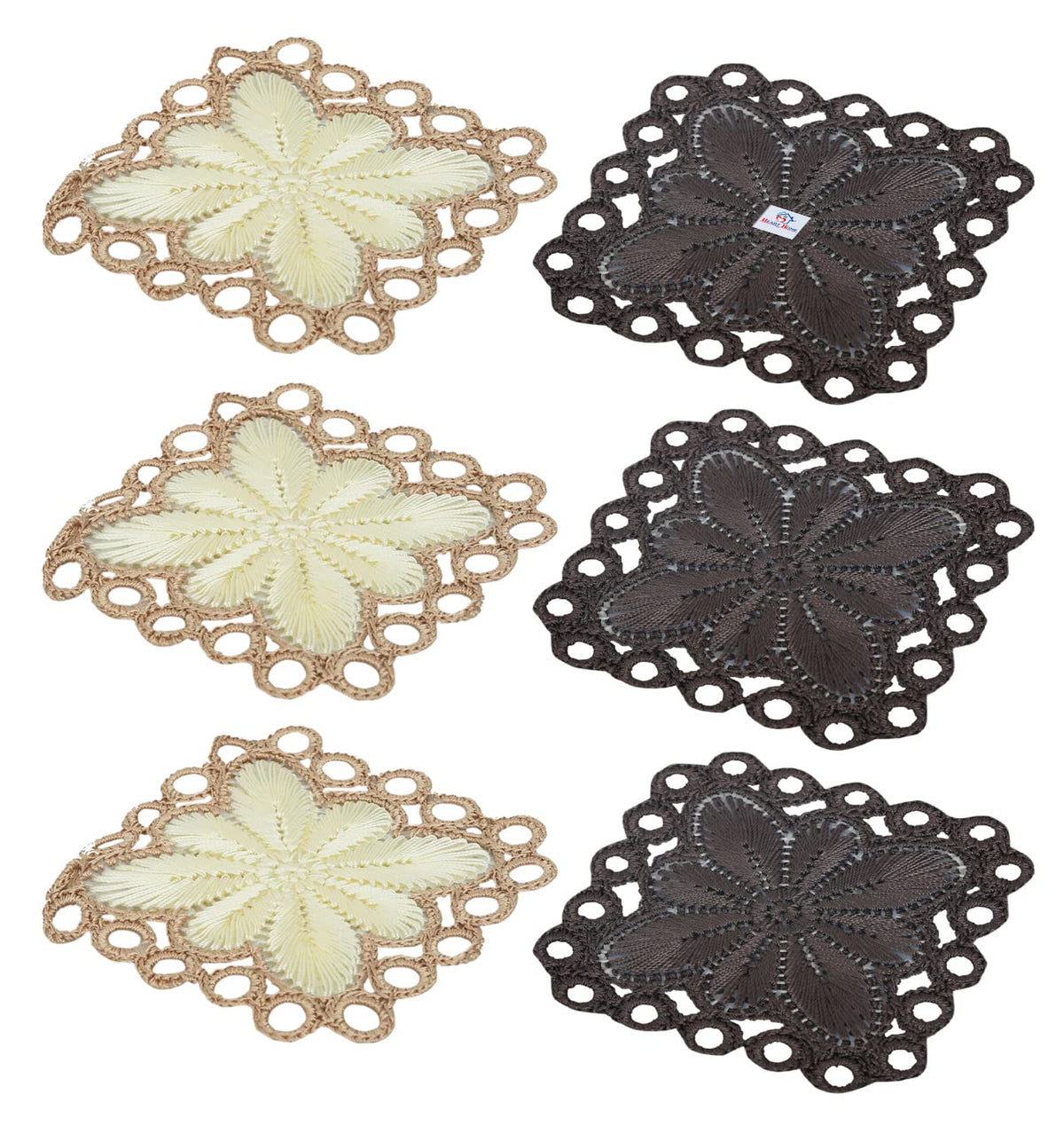 Heart Home Flower Design Square Cotton Coasters, Set of 6 (Brown & Cream)