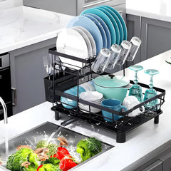 Homestic 2 Tier Iron Kitchen Rack with Utensils Basket Drainer | Dish Drainer Basket for Kitchen | Multipurpose Kitchen Stand | Large Capacity| Space Saving| Black