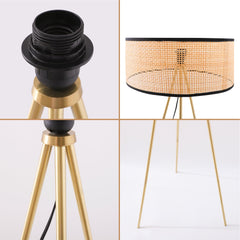 Kuber Industries Aesthetic Rattan Frame & Iron Stand Base Bedroom Lamp for Side Table | Desk & Study Table Lamp for Living Room, Home & Décor | House Warming Gifts | Black & Beige