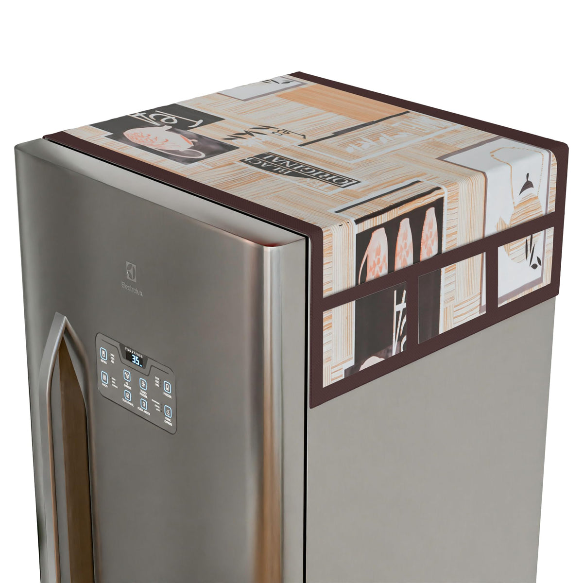 Heart Home Fridge Top Cover | Fridge Top Cover with Pockets | Refrigerator Cover for Kitchen | Reversable Fridge Top Cover with 6 Utility Pockets | Kettle-Design Fridge Cover | Brown