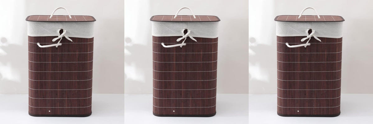 Kuber Industries Bamboo Basket With Lid|Foldable Laundry Basket For Clothes|Durable Rope Handles & Removable Bag|Dark Brown| (Pack Of 3)