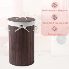 Kuber Industries 73 Ltr Round Bamboo Laundry Basket For Clothes With Lid | Used/Washing Clothes Bag & Laundry Box - Dark Brown