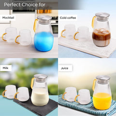 Kuber Industries Borosilicate Glass Jug Set with 2 Cups | Glass Jug with Stainless Steel Lid - 1500ml | Glass Cup - 400ml Each | Designer Jugs for Water, Juice, Beverages | Housewarming Gift Pack