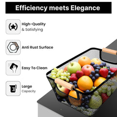 Heart Home Metal Mesh basket for storage with wooden handle | 440 gm | Fruit basket for Kitchen | Kitchen Organizer | Baskets for organizing home and kitchen | Multipurpose | Black