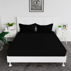Kuber Industries Double Bedsheet with 2 Pillow Covers | 144 TC Glace Cotton Bedsheet | Satin Striped Bedsheet for Home | Hotel | Bedroom | 90x100 Inch | Black