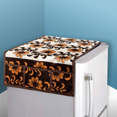 Kuber Industries Fridge Top Cover | Fridge Top Cover with Pockets | Refrigerator Top Cover for Kitchen | Fridge Top Cover with 6 Utility Pockets | Kniting Flower Fridge Cover | Brown