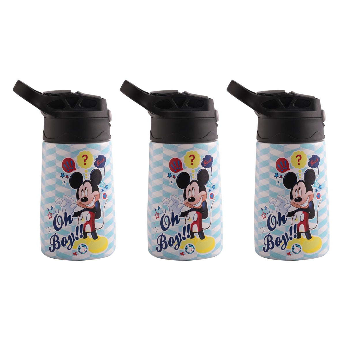 Kuber Industries 350 ml Insulated Water Bottle | Mickey Kids Water Bottle | Stainless Steel Kids Water Bottle | Water Bottle with Push-Button Flip Lid | Bottle For School | Sky Blue | Pack of 3