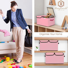 Kuber Industries Pack of 4 Double Lid Foldable Storage Box|Toys Storage Bin|Wardrobe Organizer For Clothes|Front Handle & Stackable (Pink)