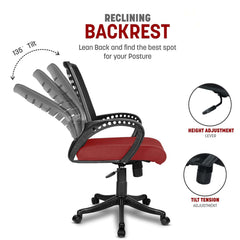 Kuber Industries Ergonomic Revolving Office Chairs for Work From Home | Comes with Manual Height Adjustable, Armrest Support | Comfy Study Chair for Students with Wheels | Black & Red Seat