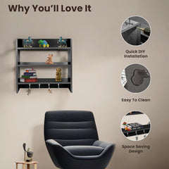 Heart Home Durable Wooden Rack Storage with Hook Wall Mount Wooden Wall Shelf for Bedroom & Living Room | Furniture Wall Rack Shelf for Decor | Brown