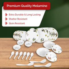 Kuber Industries 32 Pieces Round Melamine Microwave & Dishwasher Safe Dinnerware Kitchen Crockery Set | Glossy Dinner Sets & Kitchen Set for Home | Blueberry Floral - White