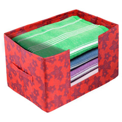 Heart Home Metallic Flower Printed Non-Woven Foldable Saree Stacker, Wardrobe Organizer, Storage Bin With Handle (Red)-HS43HEARTH26404