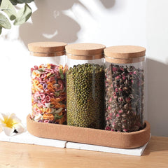 Urbane Home Borosilicate Glass Jars for Kitchen with Cork Lid and Cork Tray | Kitchen Containers Set | Pack of 3 | 700ml | Airtight Glass Containers with lid | Multipurpose | Transparent