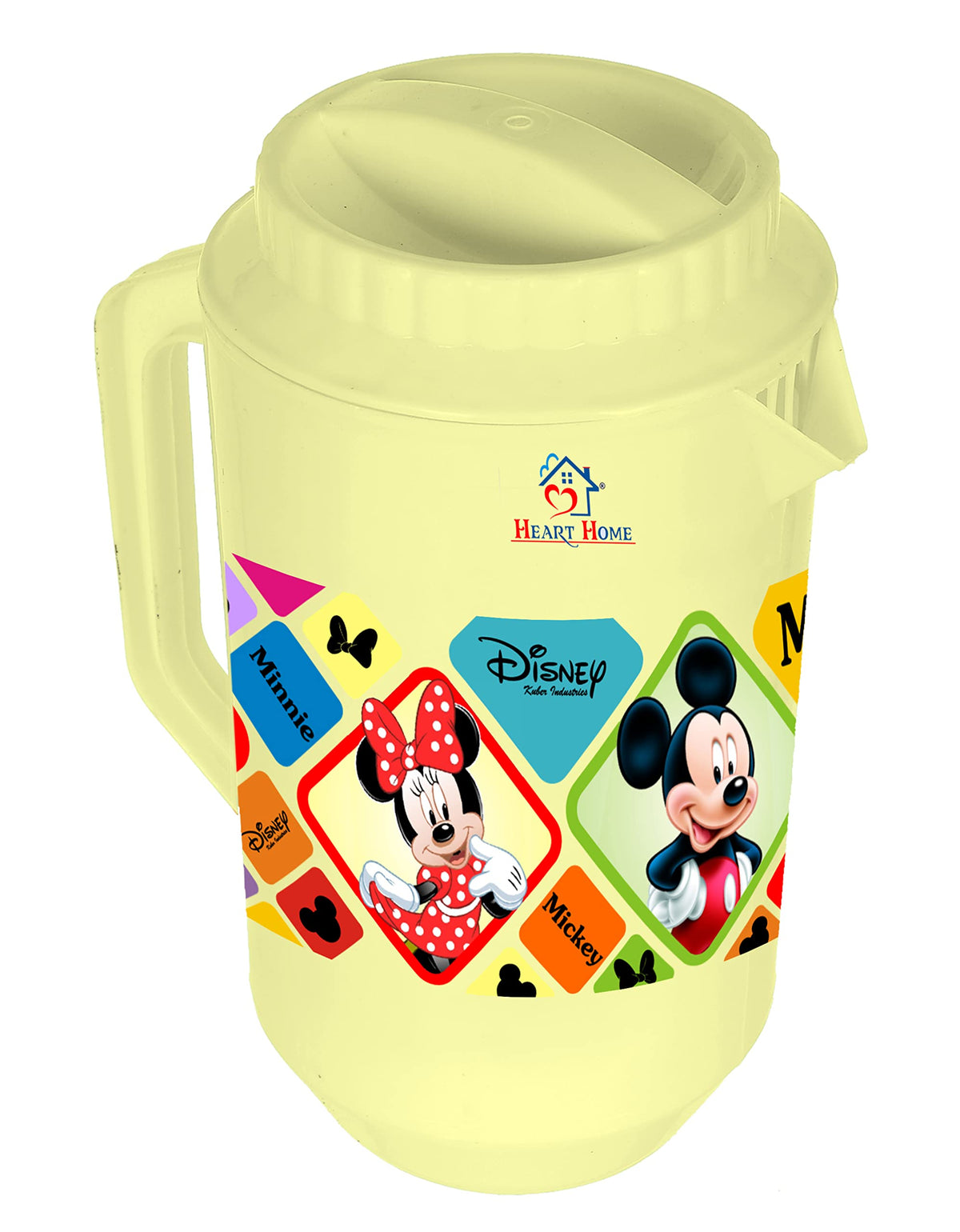 Heart Home Mickey Minnie Print Unbreakable Plastic Water Jug with Lid for Home, Kitchen, Office 2 Liter (Cream)