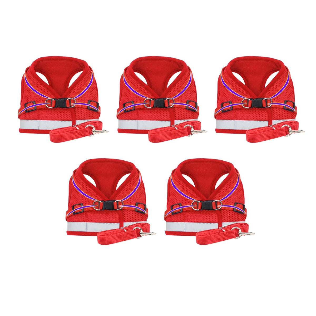 Kuber Industries Pack Of 5 Reflective Dog Harness With Adjustable Leash|Breathable Polyester Mesh Fabric |Medium Size|HT-844|Comfortable No-Pull Grip|Quick Release Buckles|Easy On-Easy Off Harness|Red