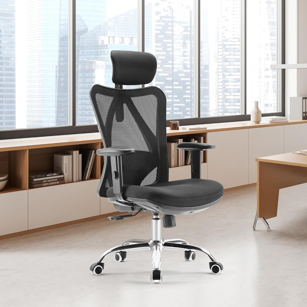 Kuber Industries Ergonomic Office Chairs for Work From Home | Comes with Manual Height Adjustable, Armrest, Headrest & 2D Lumbar Support | Comfy Study Chair for Students with Wheels | Black