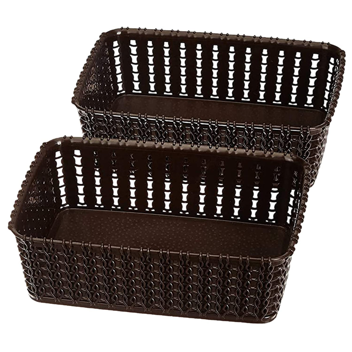 Heart Home Multiuses Small M 15 Plastic Tray Without Lid|Solid Color & Wovan Design|Document Organizer|Size 20 x 14 x 6 CM|Pack of 2 (Brown)-46KHH0111