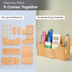 Urbane Home 4 Compartment Pen Stand for Office | MDF Wood Rack | Aesthetic Stationery Stand For Office Table Accessories | Burlywood | 21.1x9.7x13cm