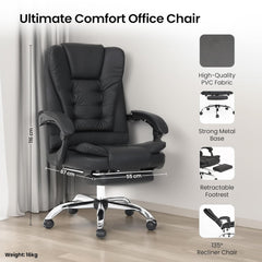 Kuber Industries Leather Office Chairs for Work From Home | Comes with Manual Height Adjustable, Armrest, Headrest & Lumbar Support | Comfy Chair for Students with Wheels & Footrest | Black | 809M-BLK