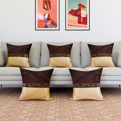 Heart Home Cushion Cover | Pillow Covers for Sofa | Throw Cushion Cover | Dupion Polyester Cushion Covers | Center Lace Cushion Covers | Set of 5 | 16 Inch | Brown