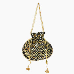 Kuber Industries Potli | Wedding Potli | Drawstring Potli with Handle | Wallet Potli | Christmas Gift Potli | Baby Shower Potli | Mirror Check-Shagun Potli | Black