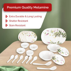 Kuber Industries 40 Pieces Round Melamine Microwave & Dishwasher Safe Dinnerware Kitchen Crockery Set | Glossy Dinner Sets & Kitchen Set for Home | Deluxe Lavendar Floral - White