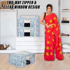 Kuber Industries Storage Box | Steel Frame Living Box | Storage Organizer For Clothes | Saree Cover for Woman | Multi Flower Print Cloth Organizer | 66 Liter | Sky Blue