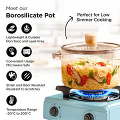 Homestic Borosilicate Glass 1.45L Saucepan with Lid & Handle | Induction Pan Cookware | Handi for Cooking | Microwave Safe | Cooktop for Tea/Milk/Pasta/Noodles/Rice | Transparent