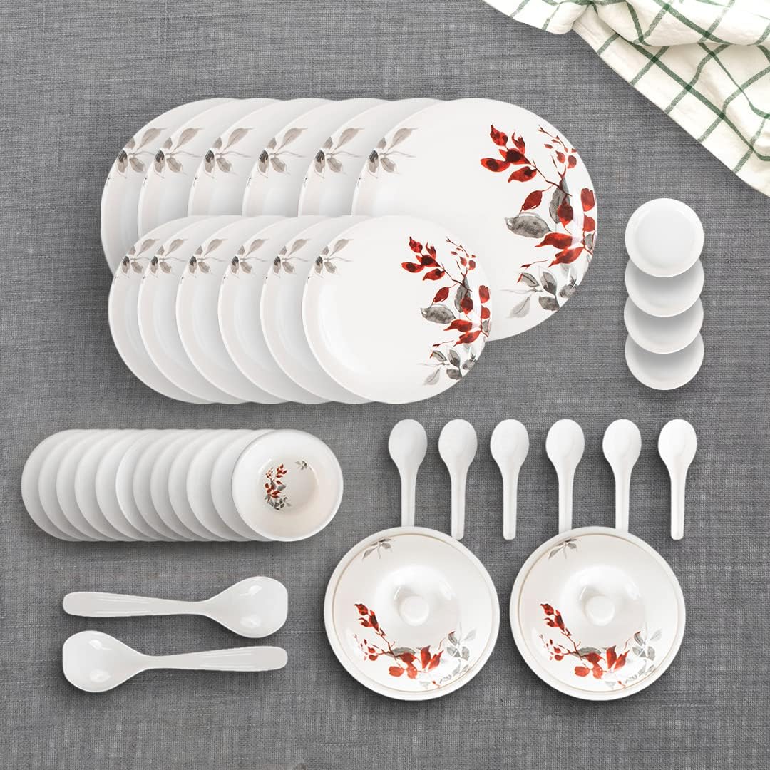 Kuber Industries 40 Pieces Round Melamine Microwave & Dishwasher Safe Dinnerware Kitchen Crockery Set | Glossy Dinner Sets & Kitchen Set for Home | Deluxe Red Gray Floral - White