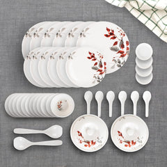 Kuber Industries 40 Pieces Round Melamine Microwave & Dishwasher Safe Dinnerware Kitchen Crockery Set | Glossy Dinner Sets & Kitchen Set for Home | Deluxe Red Gray Floral - White