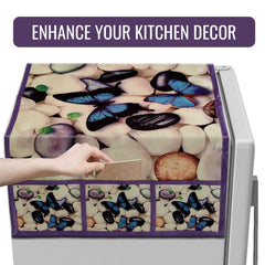 Kuber Industries Fridge Top Cover | Fridge Top Cover with Pockets | Refrigerator Top Cover for Kitchen | Fridge Top Cover with 6 Utility Pockets | Stone Butterfly Fridge Cover | White