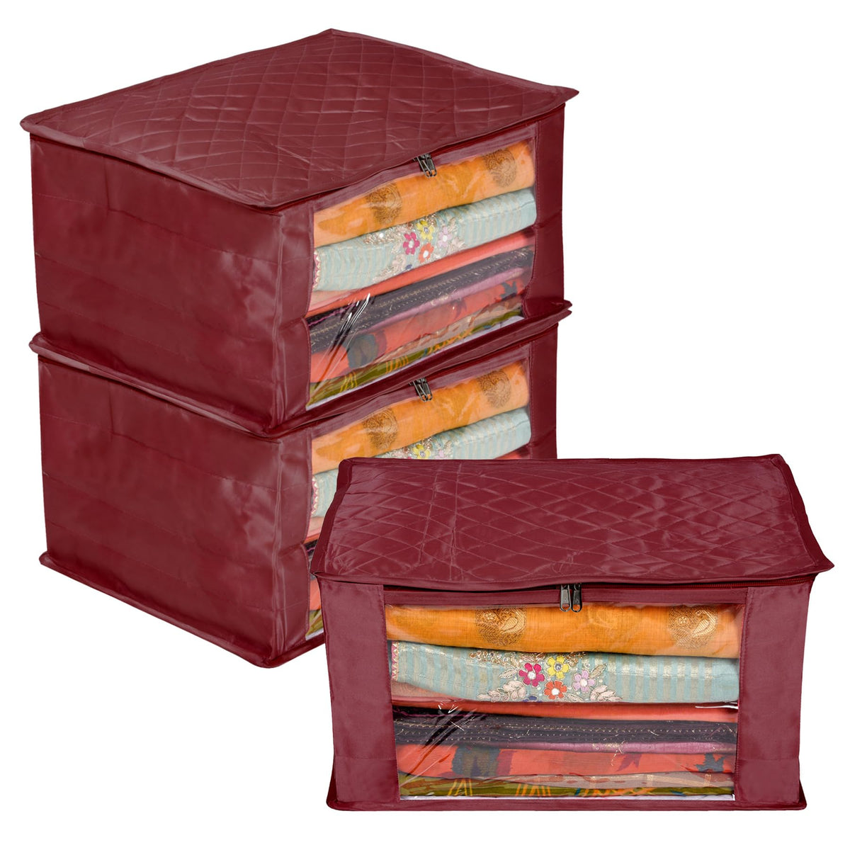 Heart Home Saree Cover | Zip Closure Saree Cover | Clothes Storage Bag | Wardrobe Organiser for Suit | Transparent Window Saree Cover | 9 inch | Pack of 3 | Maroon