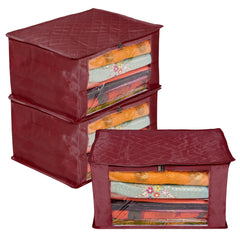 Heart Home Saree Cover | Zip Closure Saree Cover | Clothes Storage Bag | Wardrobe Organiser for Suit | Transparent Window Saree Cover | 9 inch | Pack of 3 | Maroon