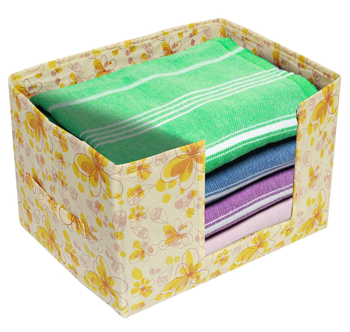 Heart Home Flower Printed Multiuses Non-Woven Closet Organizer, Storage Bin, Shelf Storage Oragnizer With Handle- Pack of 4 (Yellow)-HS43HEARTH26395