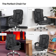 Kuber Industries Leather Office Chairs for Work From Home | Comes with Manual Height Adjustable, Armrest, Headrest & Lumbar Support | Comfy Chair for Students with Wheels & Footrest | Black | 809M-BLK