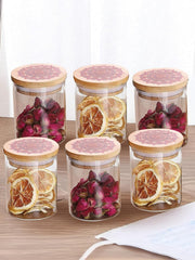 Kuber Industries Borosilicate Glass Jar with Printed Bamboo Lid|Kitchen Organizer Items and Storage|Multi-utility, Leakproof, Airtight Storage Jar for Cookies,Snacks,Tea,Coffee,Sugar|Pack of 6(300ml)