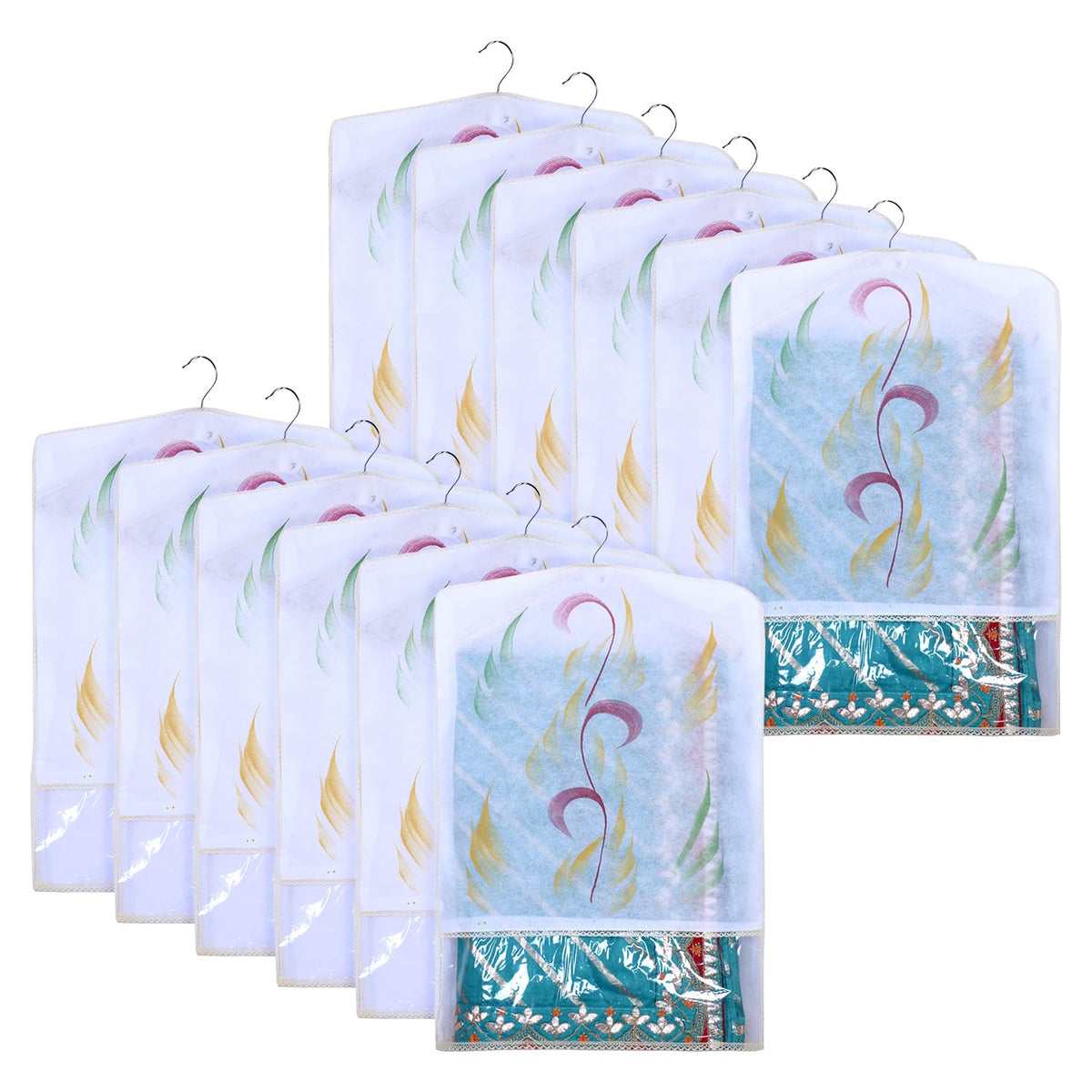 Heart Home Hanging Saree Cover | Brush Painting Pattern Saree Cover | Non-Woven Saree Covers for Home | Saree Cover with Small Transparent view | Pack of 12 | Yellow