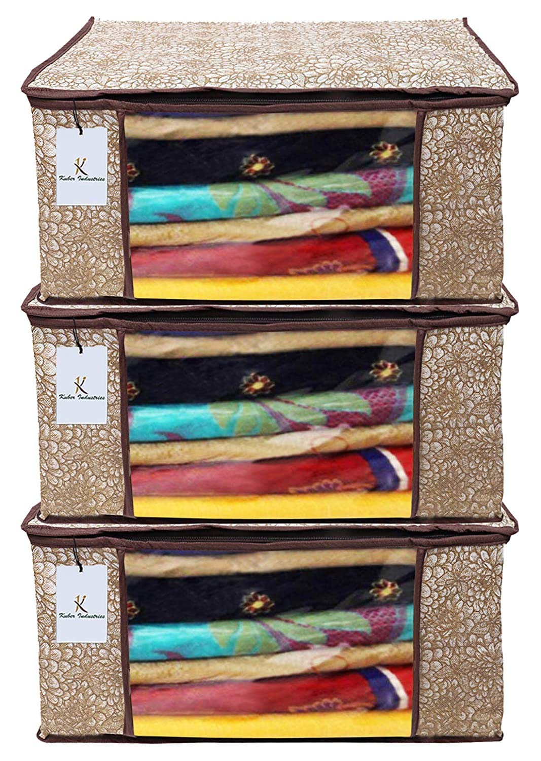 Heart Home Flower Design 3 Piece Non Woven Saree Cover, Large, Golden Brown - CTHH11979,Standard